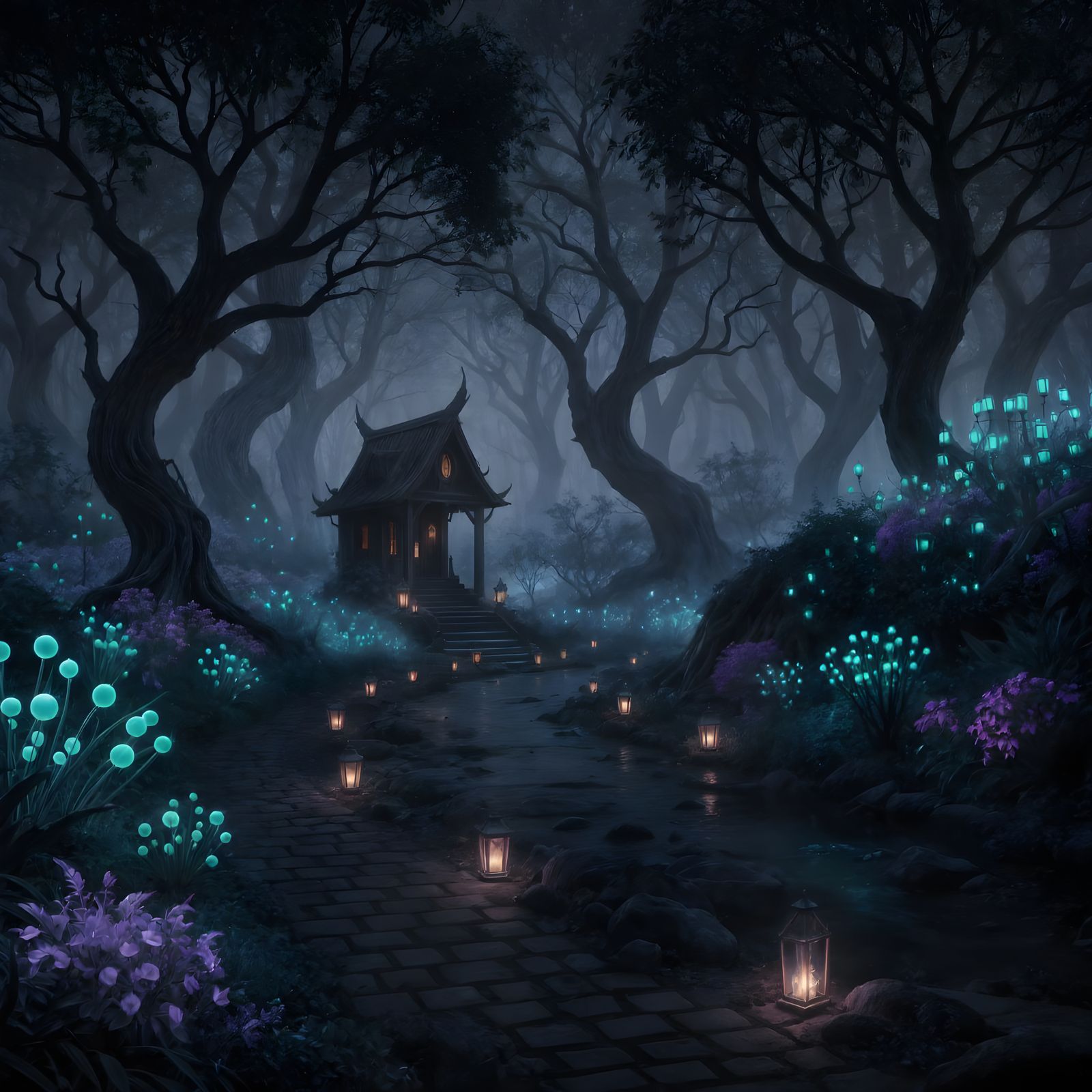 Dark Elven Forest Shrine in Ethereal Glow
