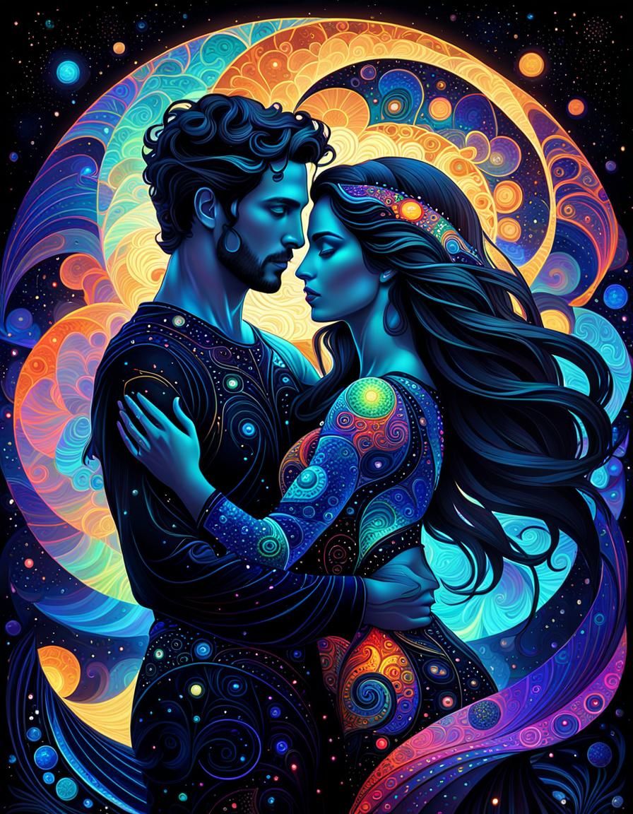 Embracing Couple in Abstract Mosaic Style