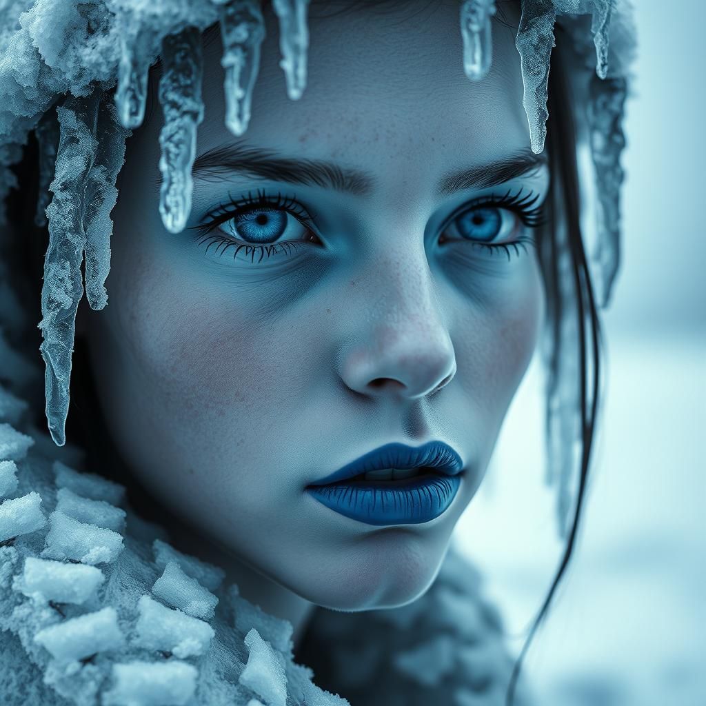 Icy Blue Figure in Winter Landscape, Photorealistic Style