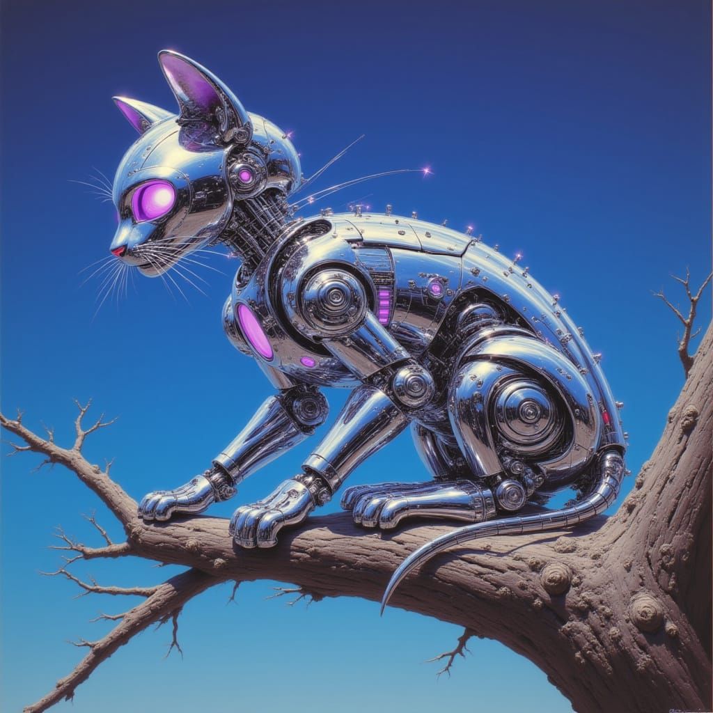 Hyperrealistic Chrome Cat Robot in Feline Pose