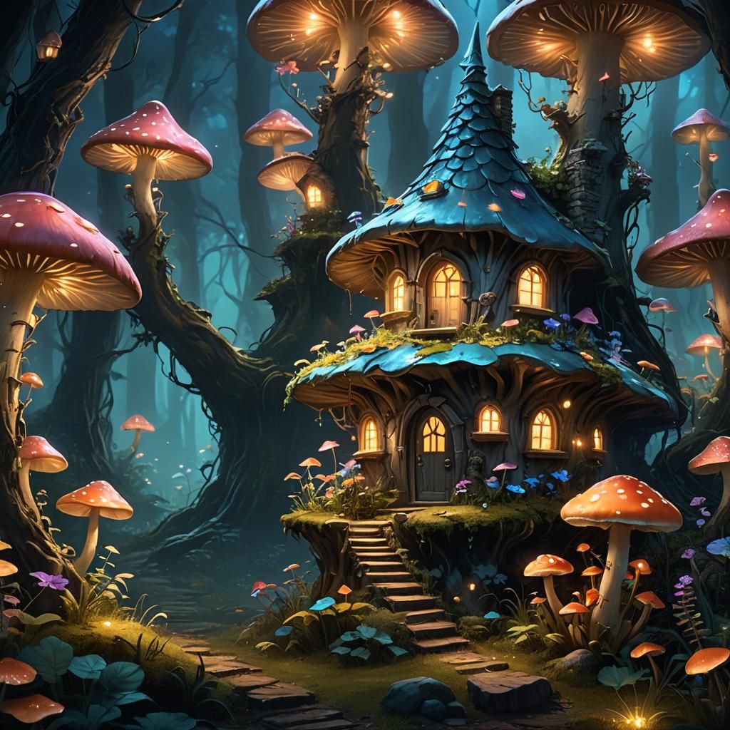 Enchanted Fairy House in Bioluminescent Forest Painting