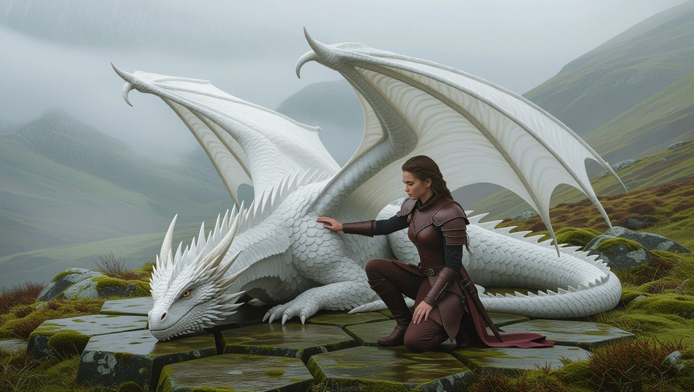 Warrior Girl and White Dragon in Misty Highlands