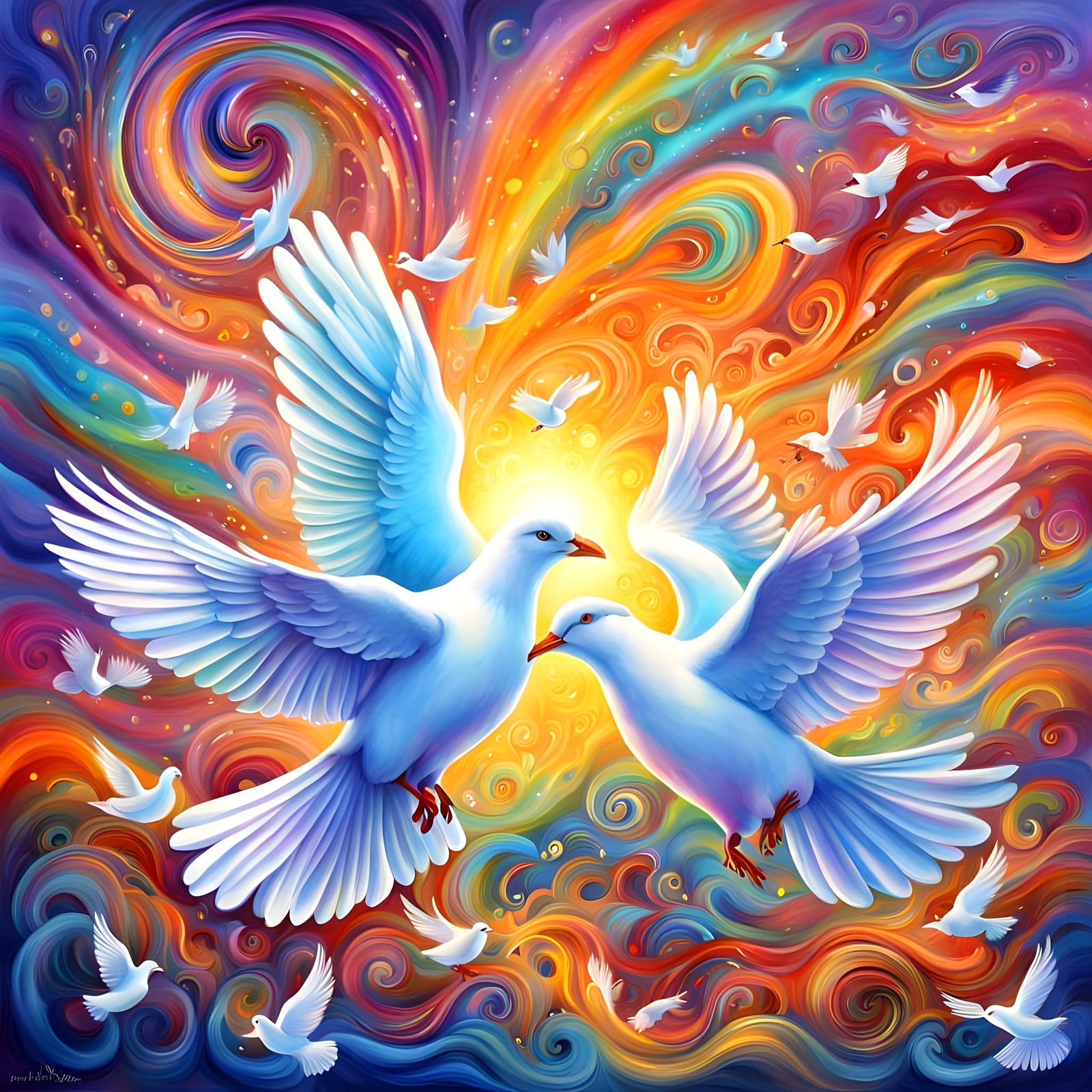 Hearts Overflow with Joyful Peaceful Doves in Vibrant Splash...