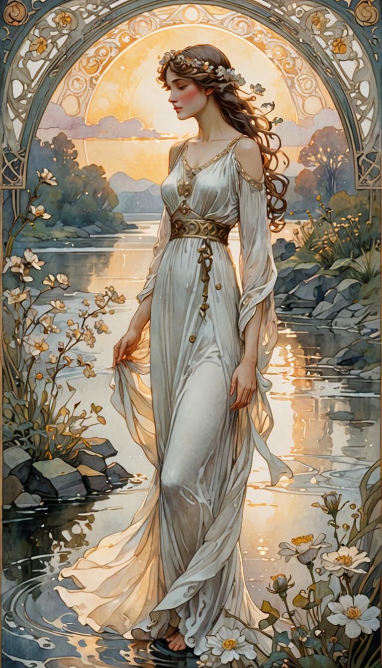 Art Nouveau Woman at Riverbank in Ethereal Light