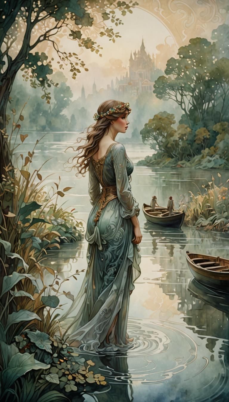 Ethereal River Scene in Art Nouveau Style