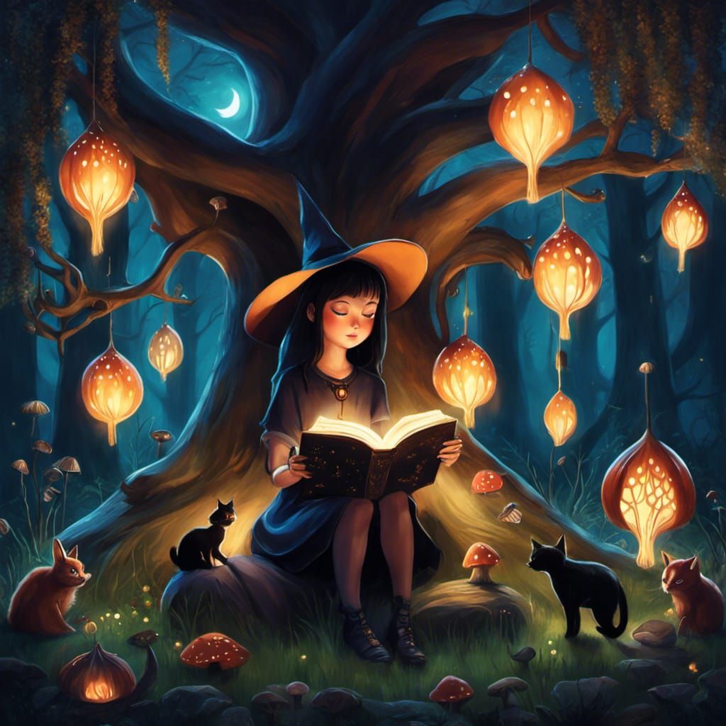 Magical Forest Scene with Witch, Cat and Grimoire