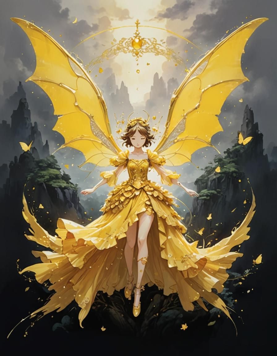 Yellow Fairy Princess in Watercolor Graffiti Art