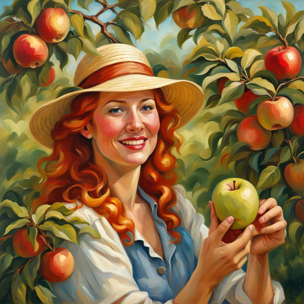 Woman Repairs Apple Tree in Orchard: Oil Painting