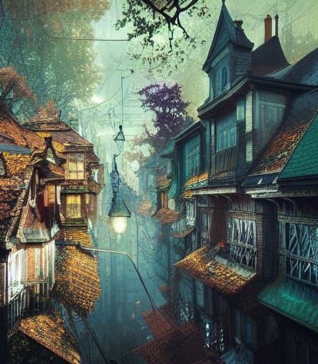 Victorian City Bordering Sinister Woods in Anime Style