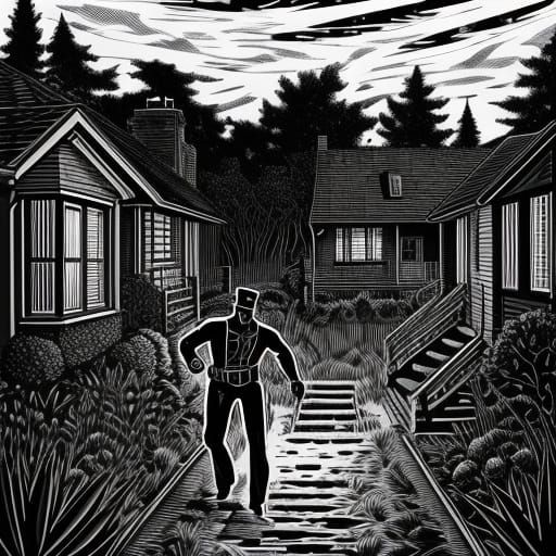 B&W line art. A burglar prowls through a darkened suburban y...