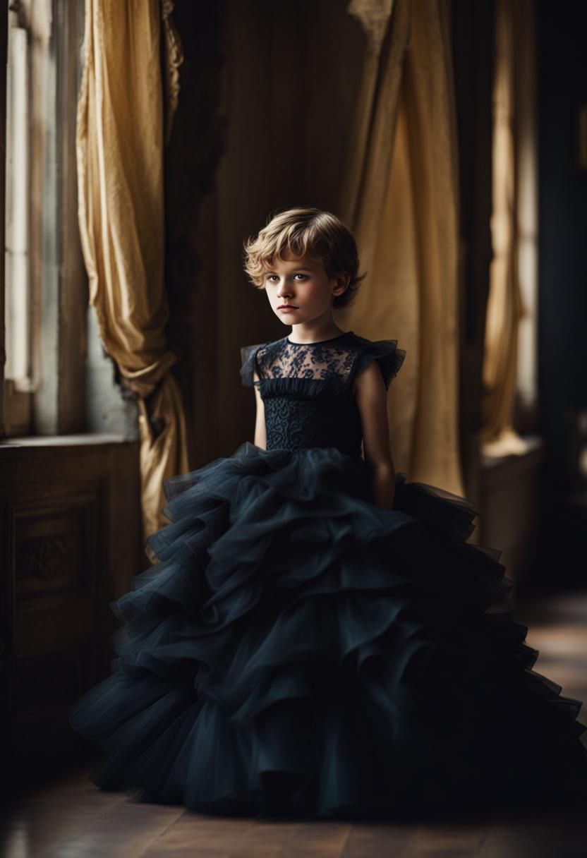 Boy wearing a ruffled ball gown