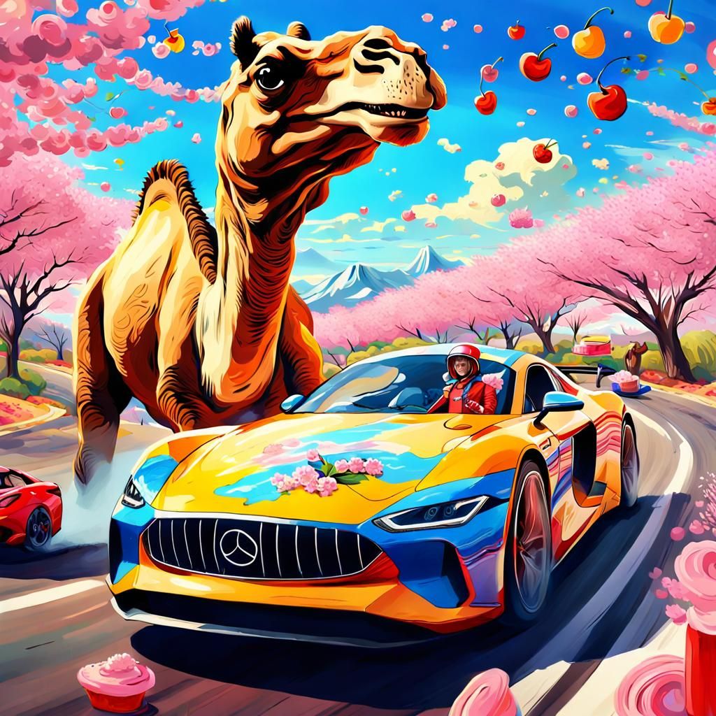 Camel Dinosaur Drives Supercar: Van Gogh Style