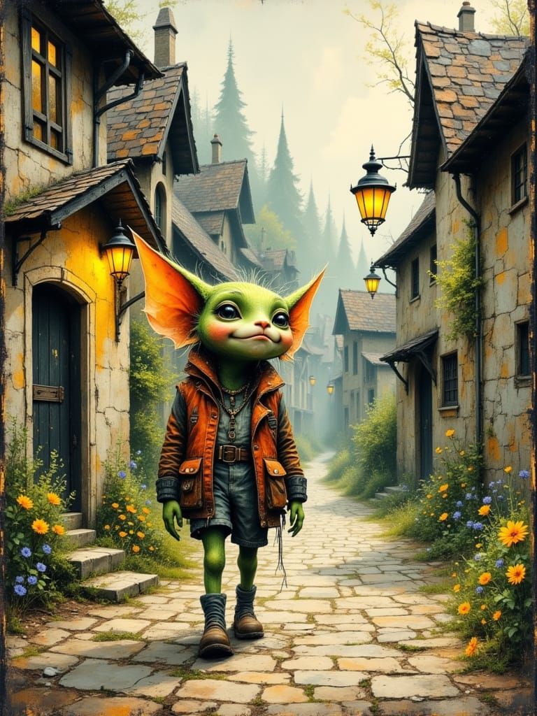 Whimsical Gremlin Strolls Through a Charming Ancient Village...