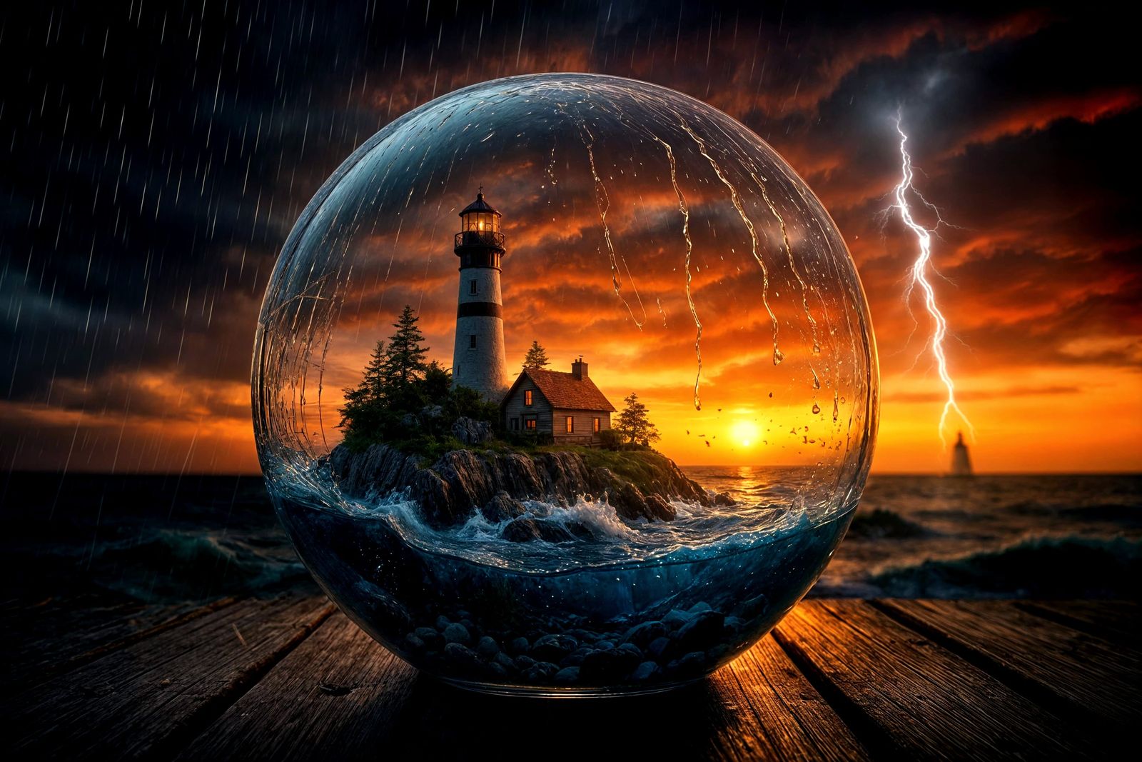 Lighthouse in Glass Sphere at Sunset: Photorealistic Image