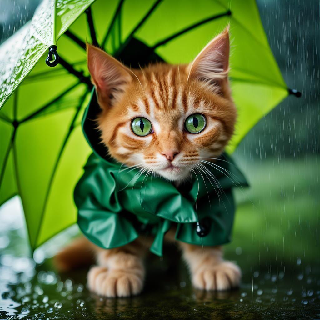 cute little ginger cat, big green eyes, adorable, cute, very fluffy, small little kitten, holding a umbrella, raining be...