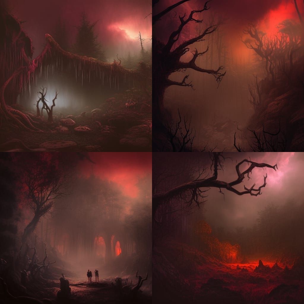 spooky cave in the forest skulls  everywhere clearly visible red sky thunderstorm twilight scary horror magical scene , ...