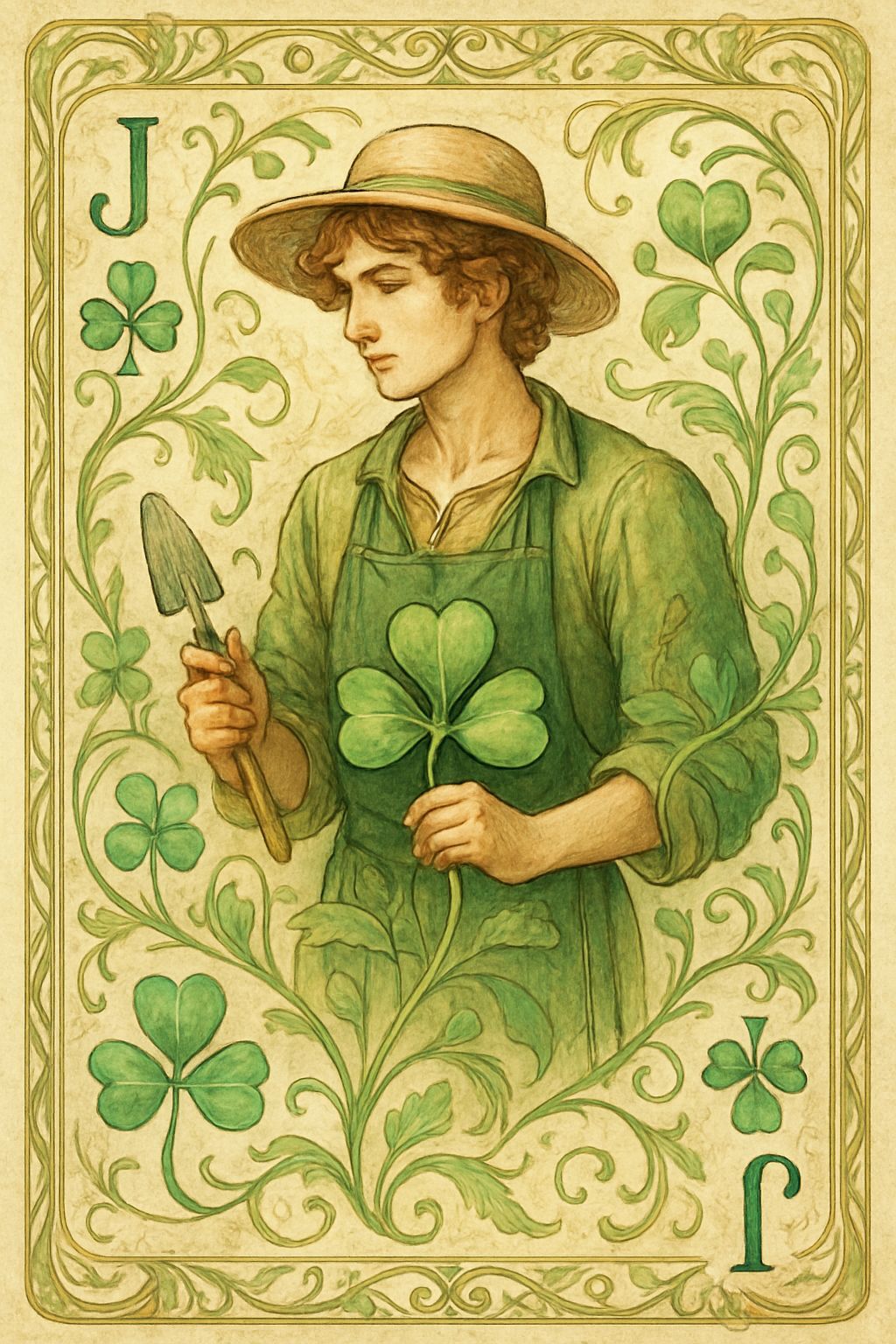 Art Nouveau Jack of Clubs with Botanical Design