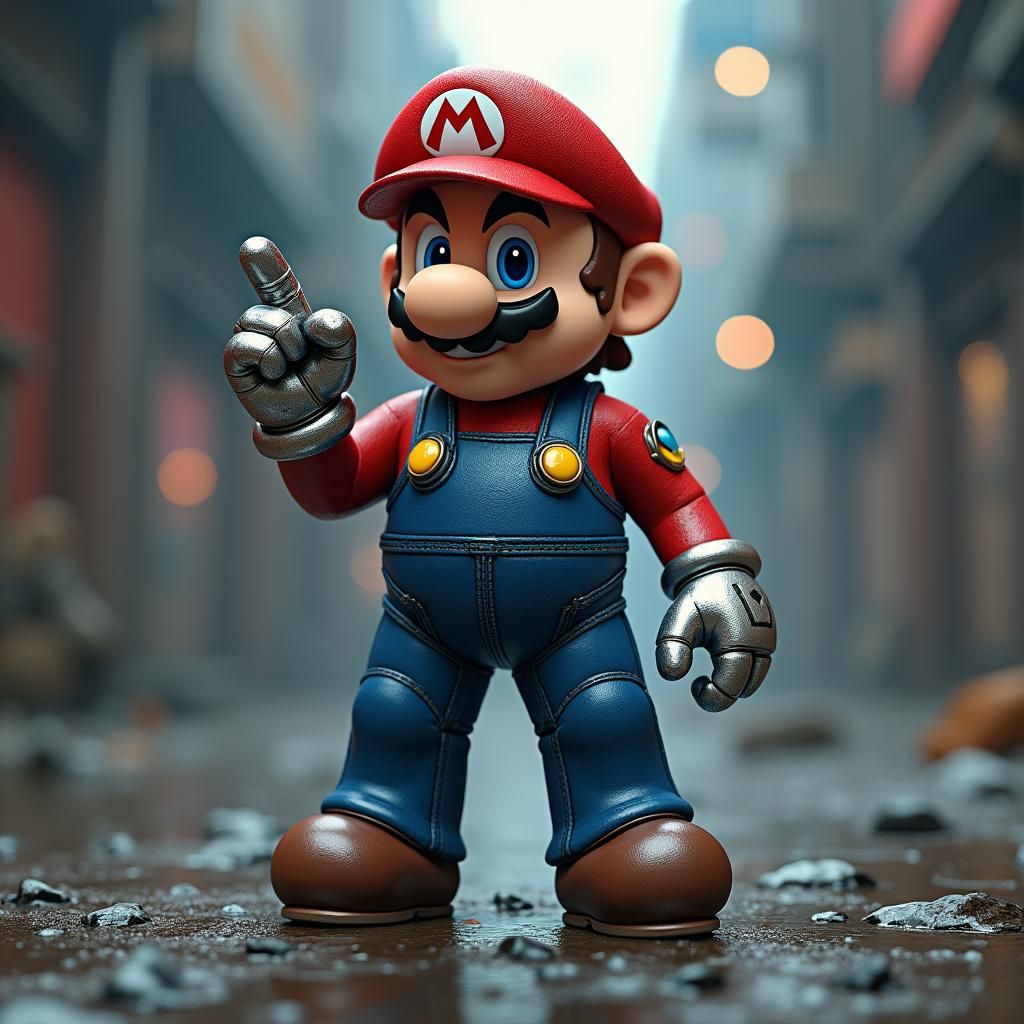 Futuristic Mario Wagging Finger in Sci-Fi Style