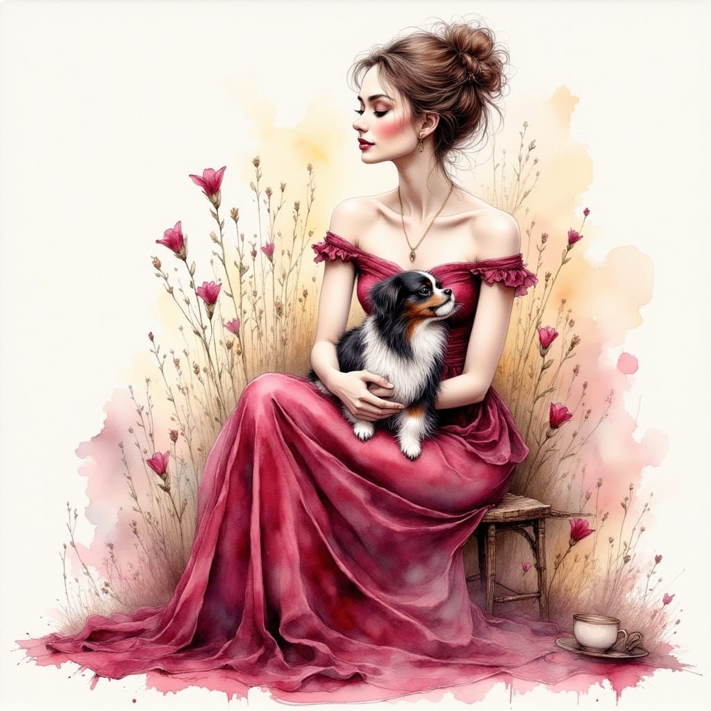 Elegant Woman in Burgundy Gown with Holly and Dog