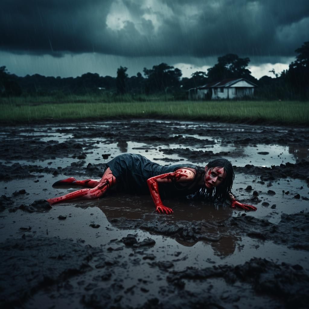 Gritty Film Noir Scene: Crawling Through Blood Rain