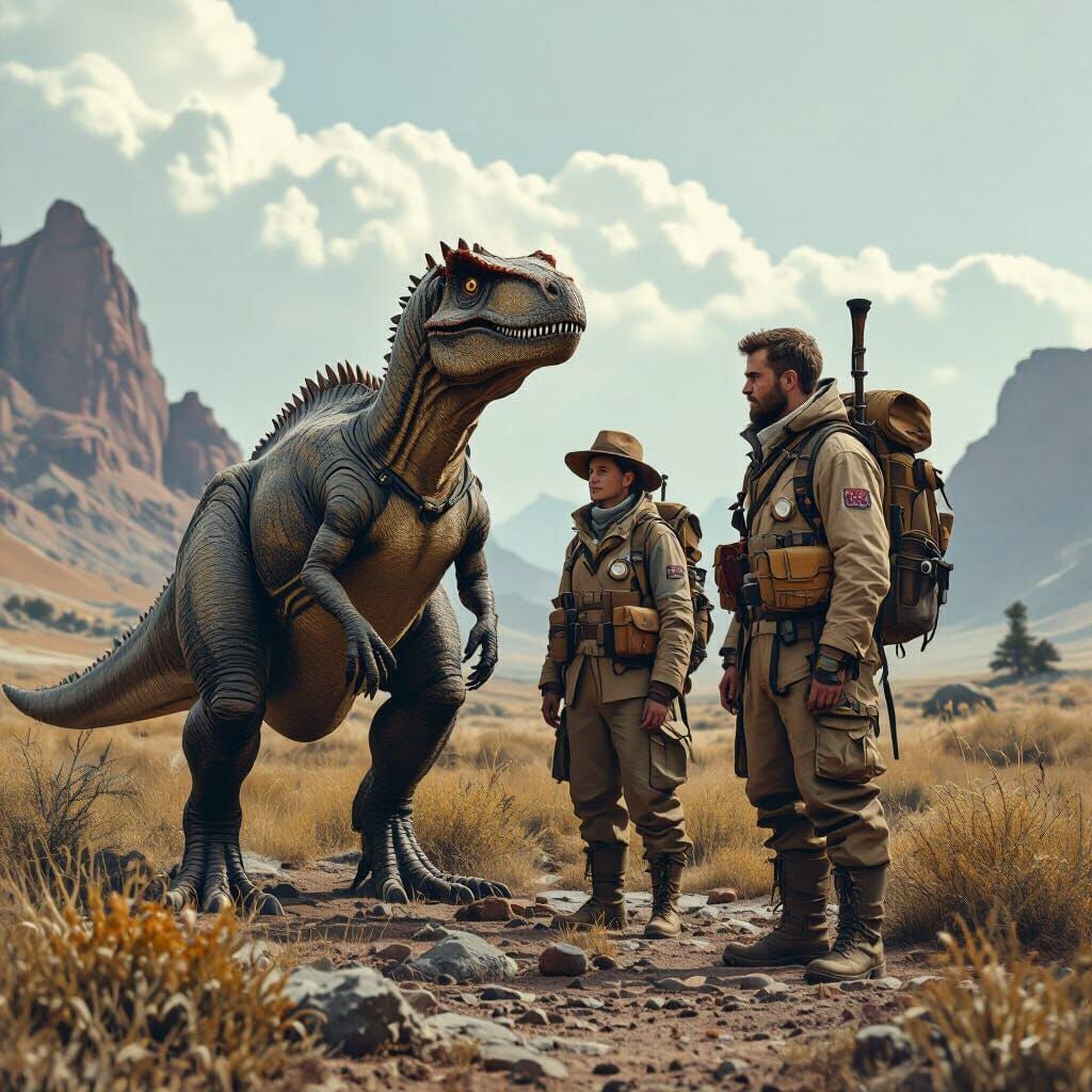 Dinosaurs & Scientists in Prehistoric Landscape, Hyperrealis...