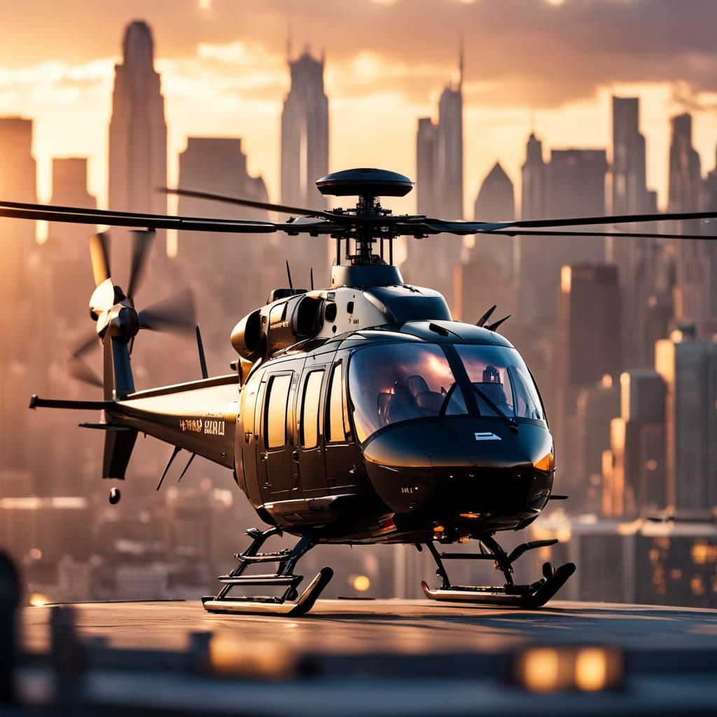 Luxury Helicopter at Sunset in a Bustling Cityscape