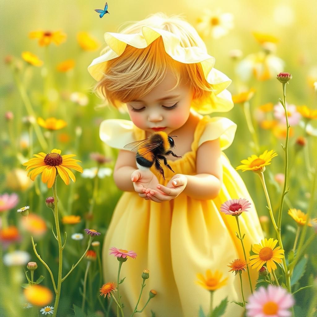 Child and Bumblebee in Summer Meadow