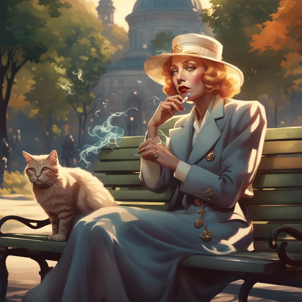 Angel Smoking with Cat: Art Nouveau Portrait