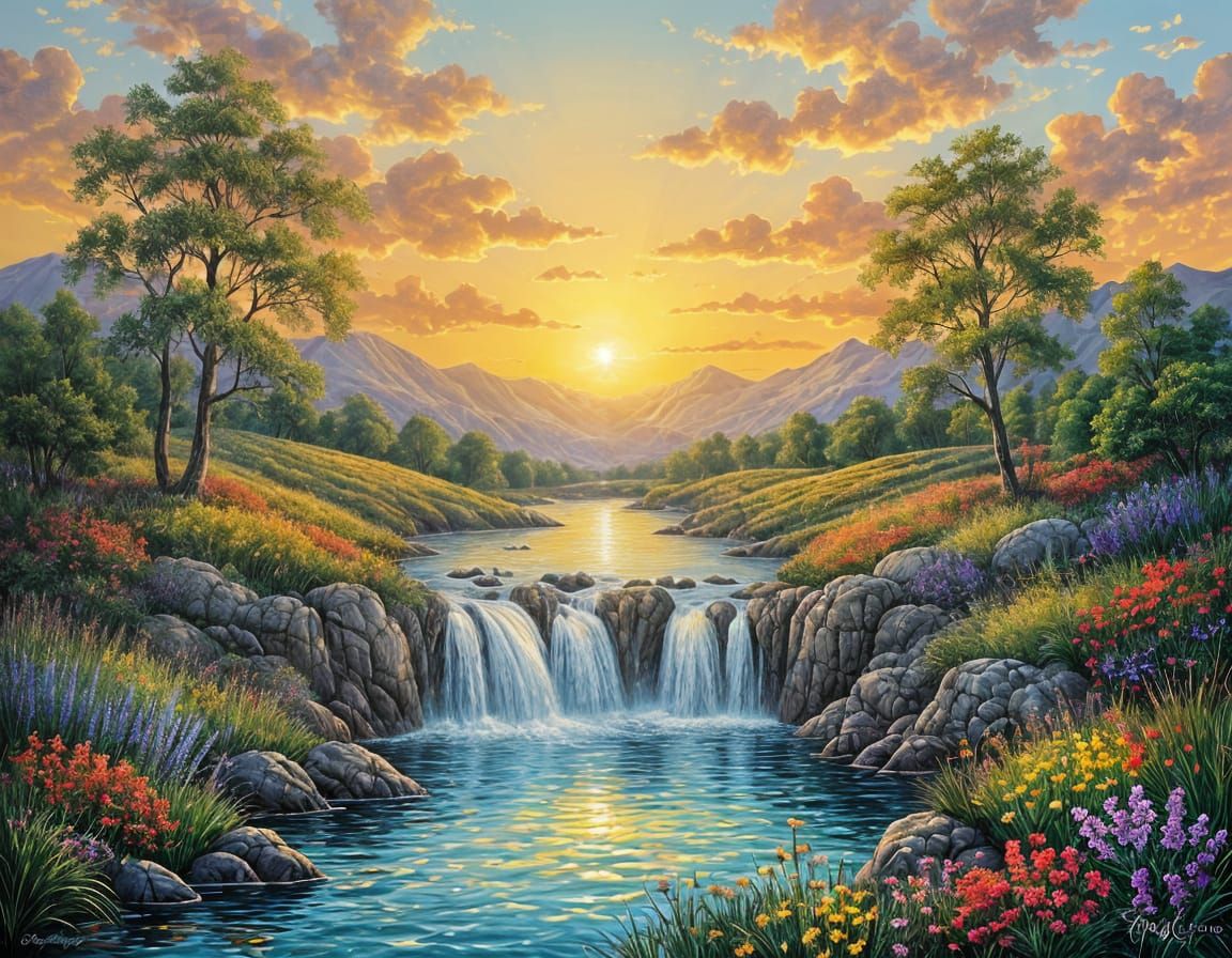 Medieval Landscape with Waterfalls in Acrylic Painting Style