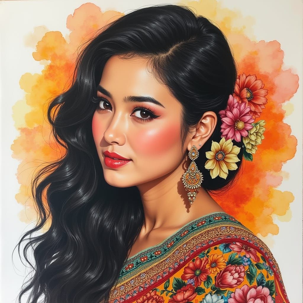 Traditional Indonesian Woman in Folk Art Style