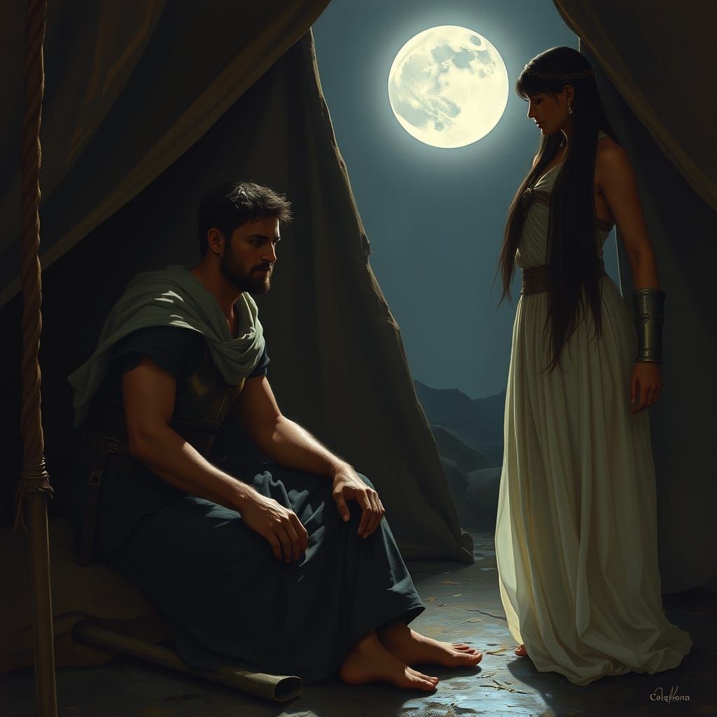 Achilles Mourns Patroclus in Moonlit Tent