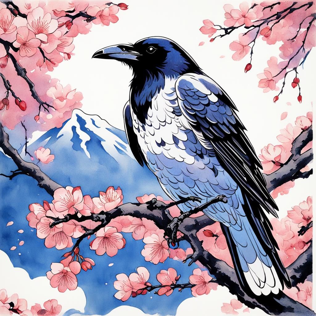 Raven in Cherry Blossom Tree: Impressionist Ink Drawing