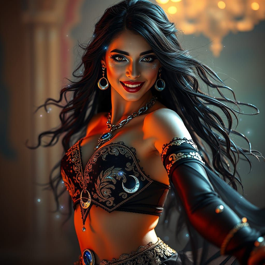 Enchanting Android Belly Dancer in Futuristic Arabian Elegan...