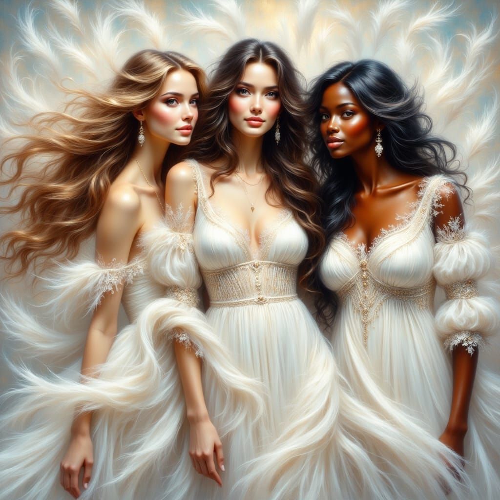 Elegant Women in White Silk, Realistic Digital Art
