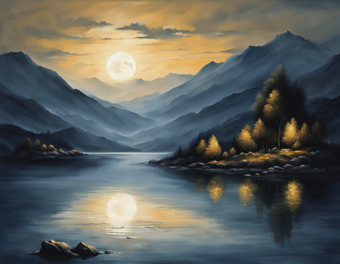 Moonlit Lake: Romantic Landscape Painting