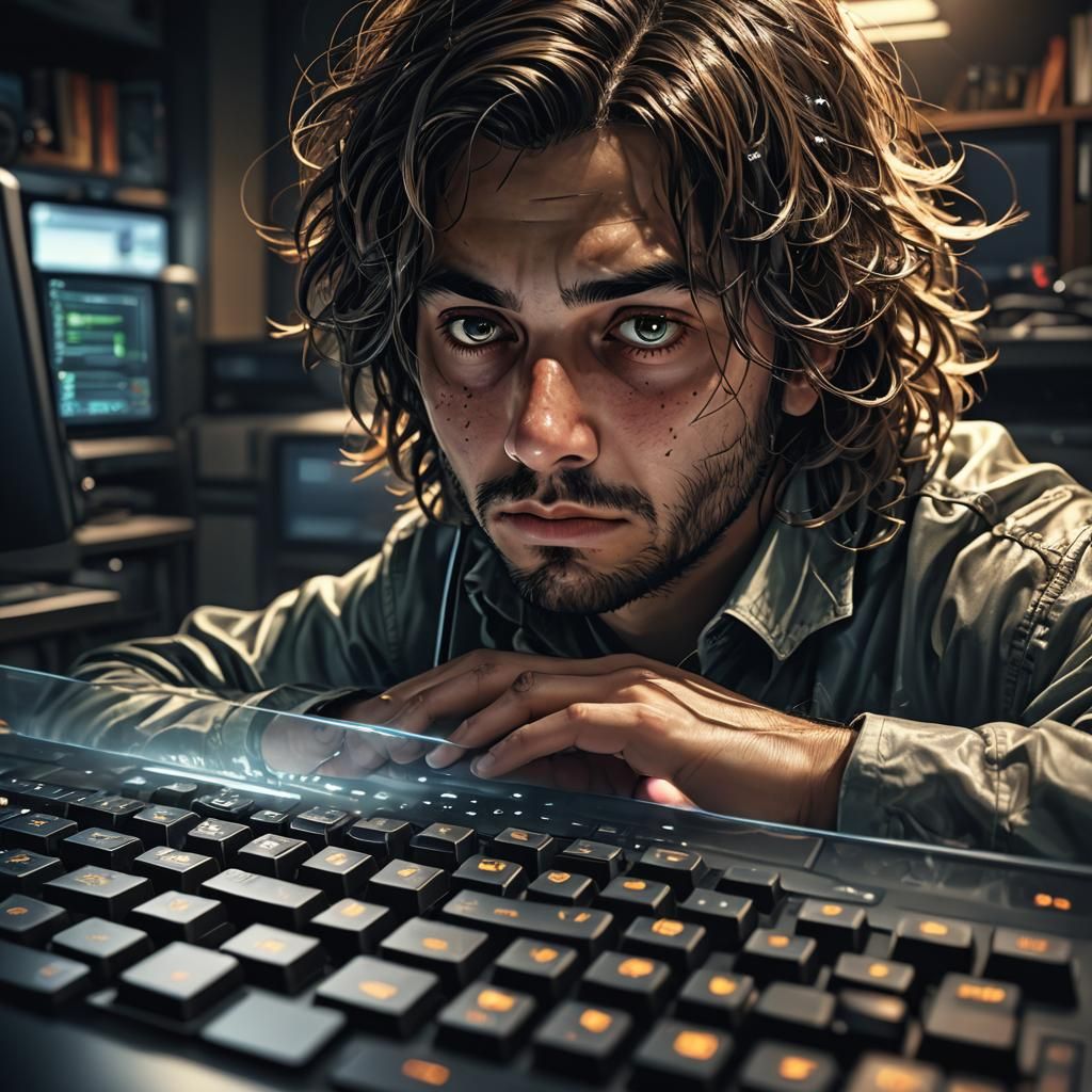 Middle-Aged Man Working at Computer in Dark Room