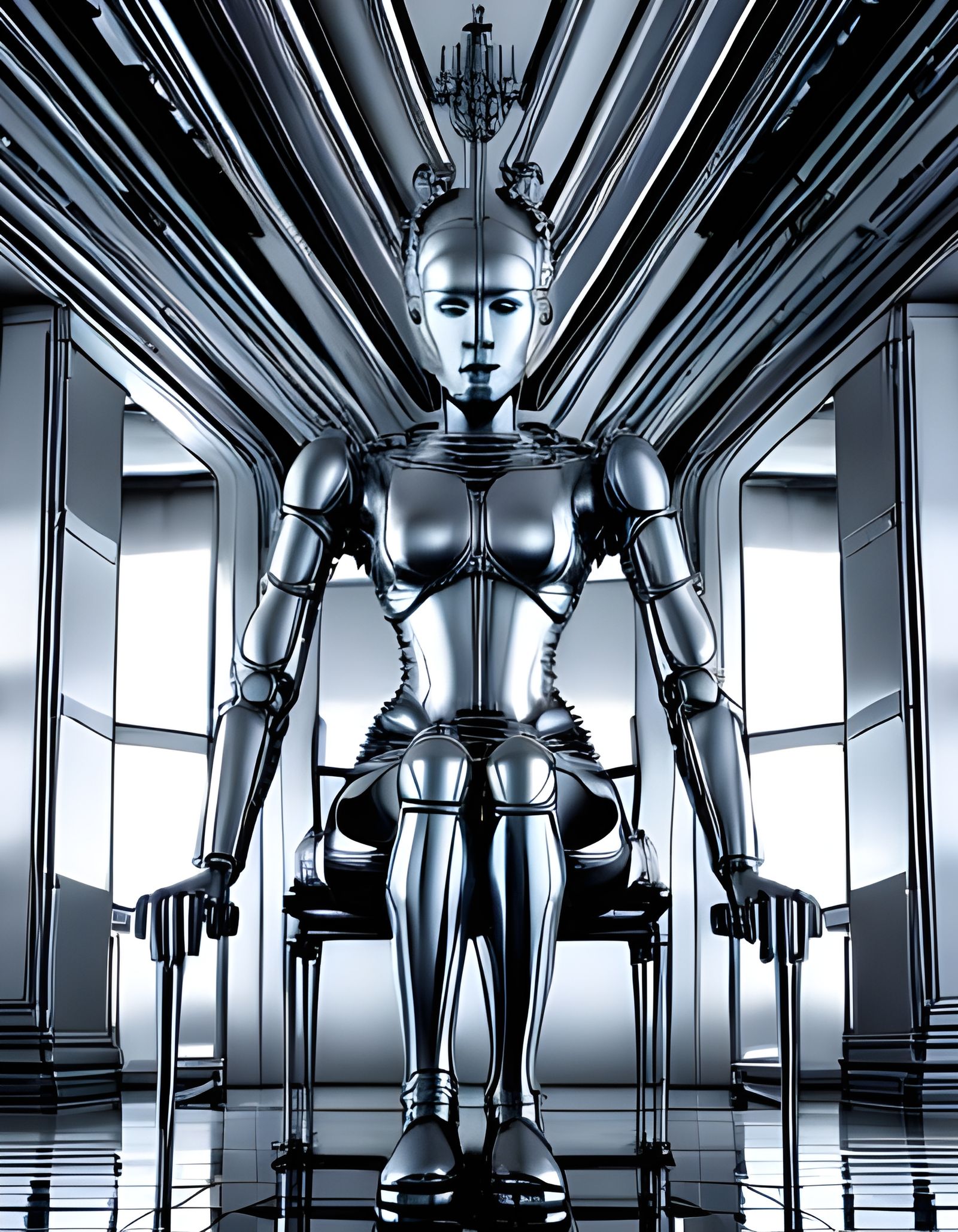 Chrome Robot Queen on Throne in Hall of Mirrors