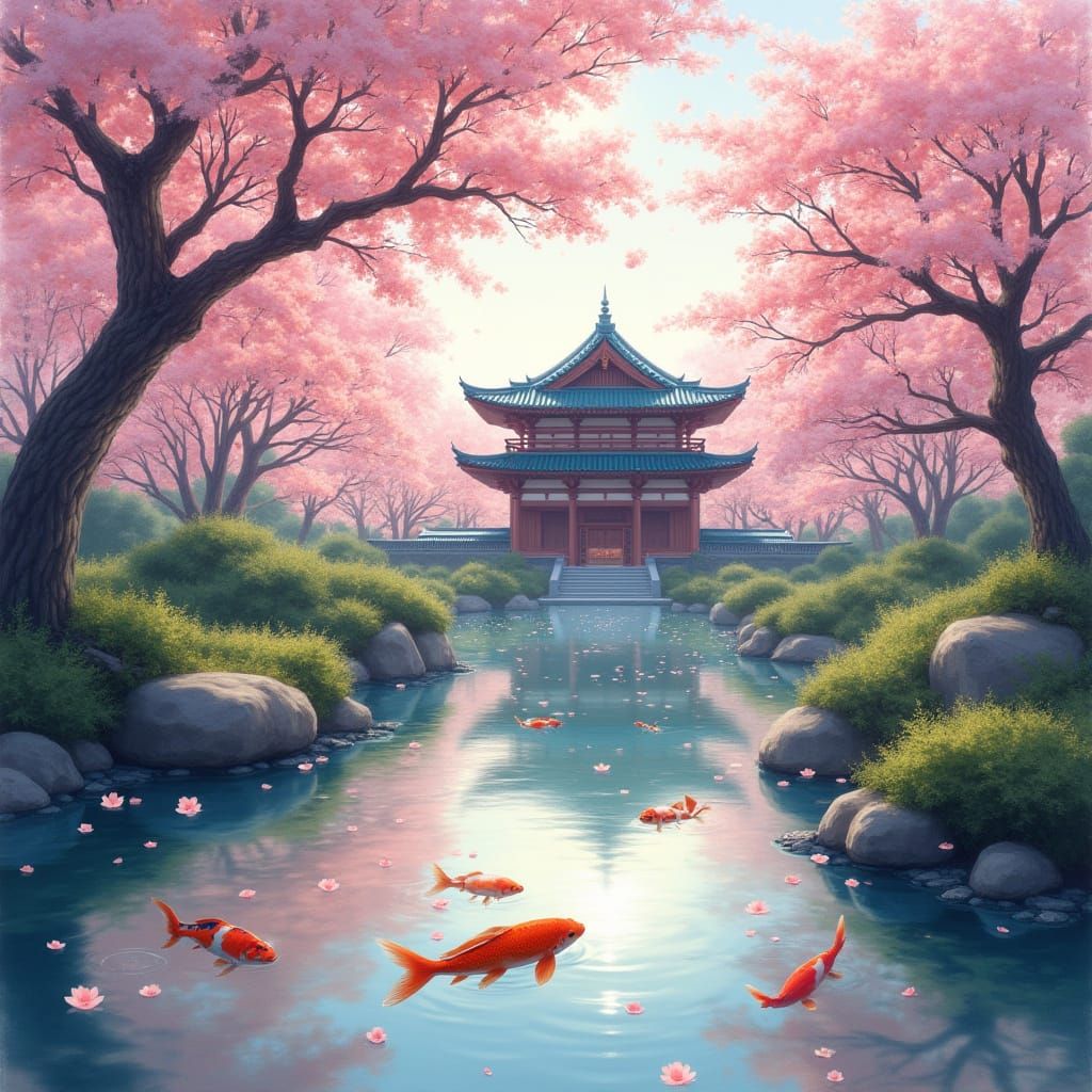 Cherry Blossoms Bloom in Japanese Garden