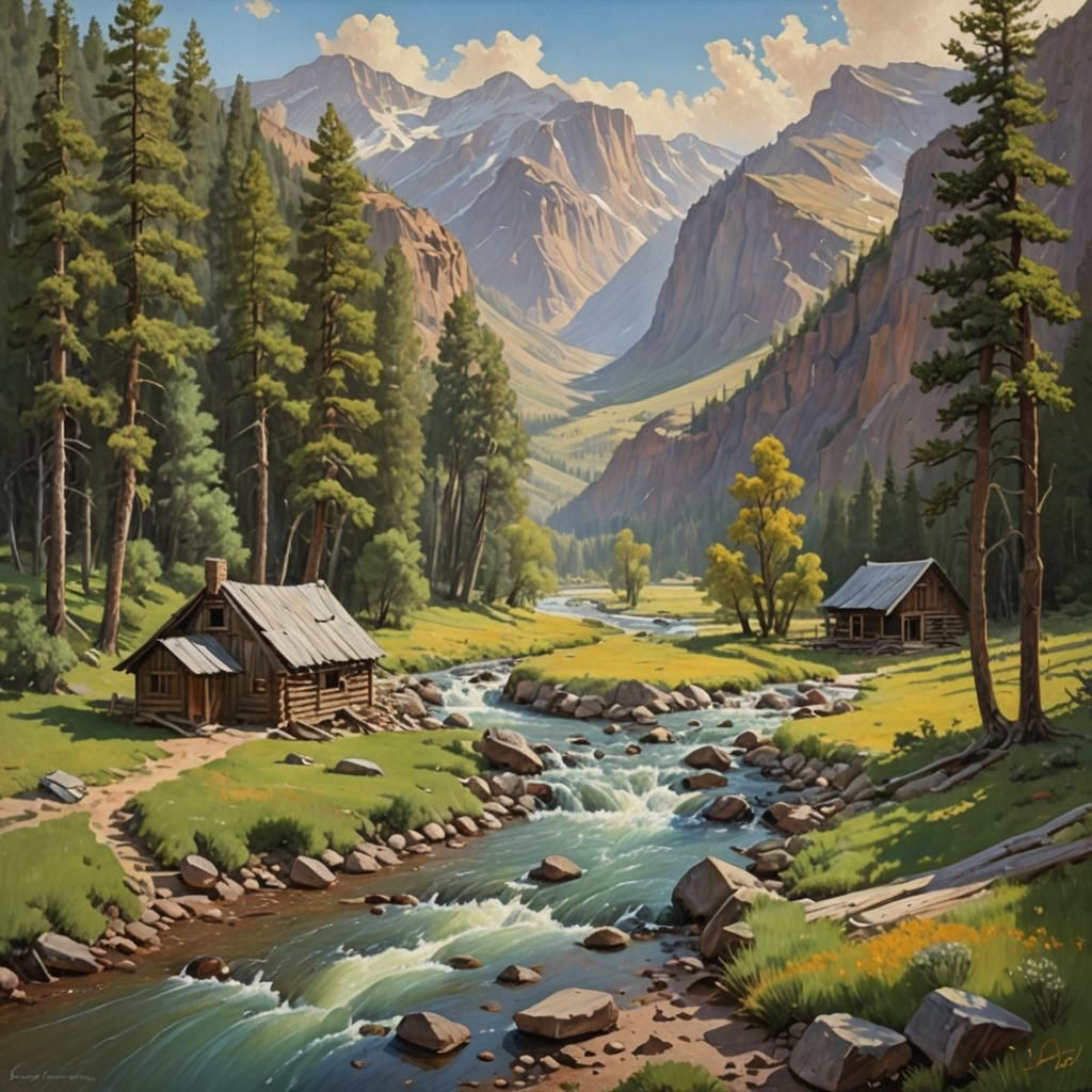 Valley River Cabin: Oil Painting Landscape