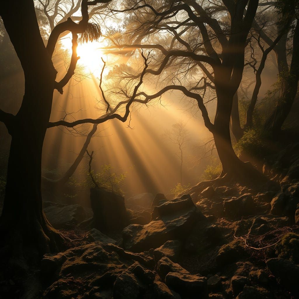 Idyllic Wilderness at Dusk, Soft Golden Light and Intricate....