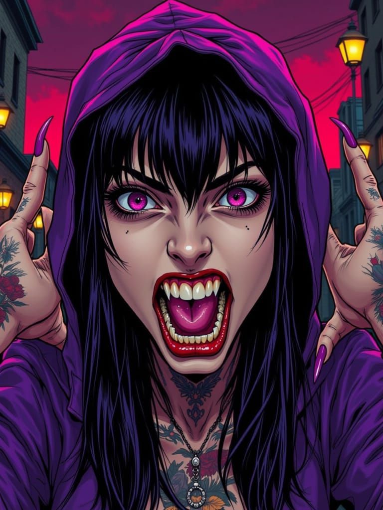 Gothic Punk Woman with Purple Hair in Graphic Novel Style