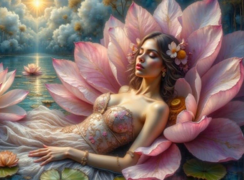 Woman Sleeps in Giant Lotus Amidst Stormy Waters
