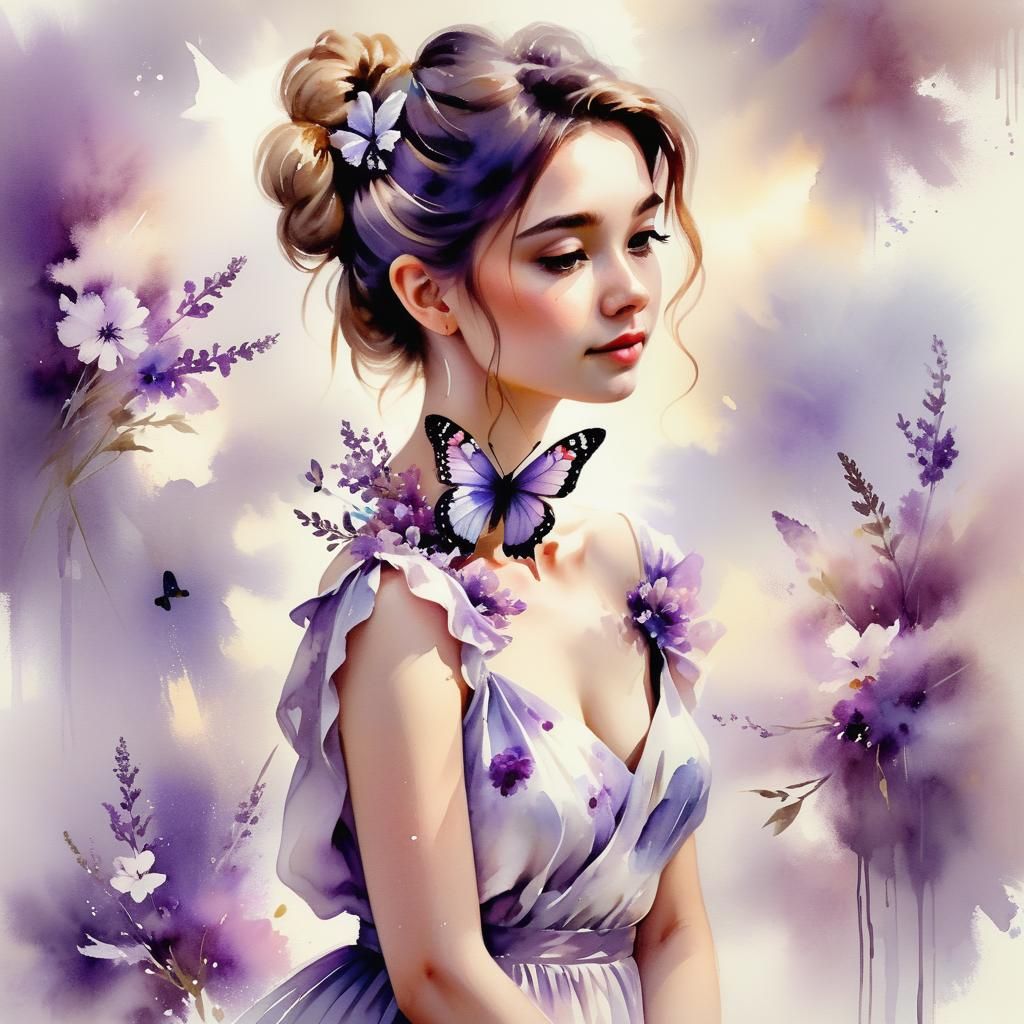 Watercolor Woman with Butterfly in Soft Focus