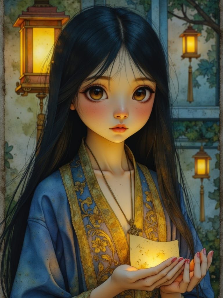 Young Witch Girl in Star Robe with Paper Talisman