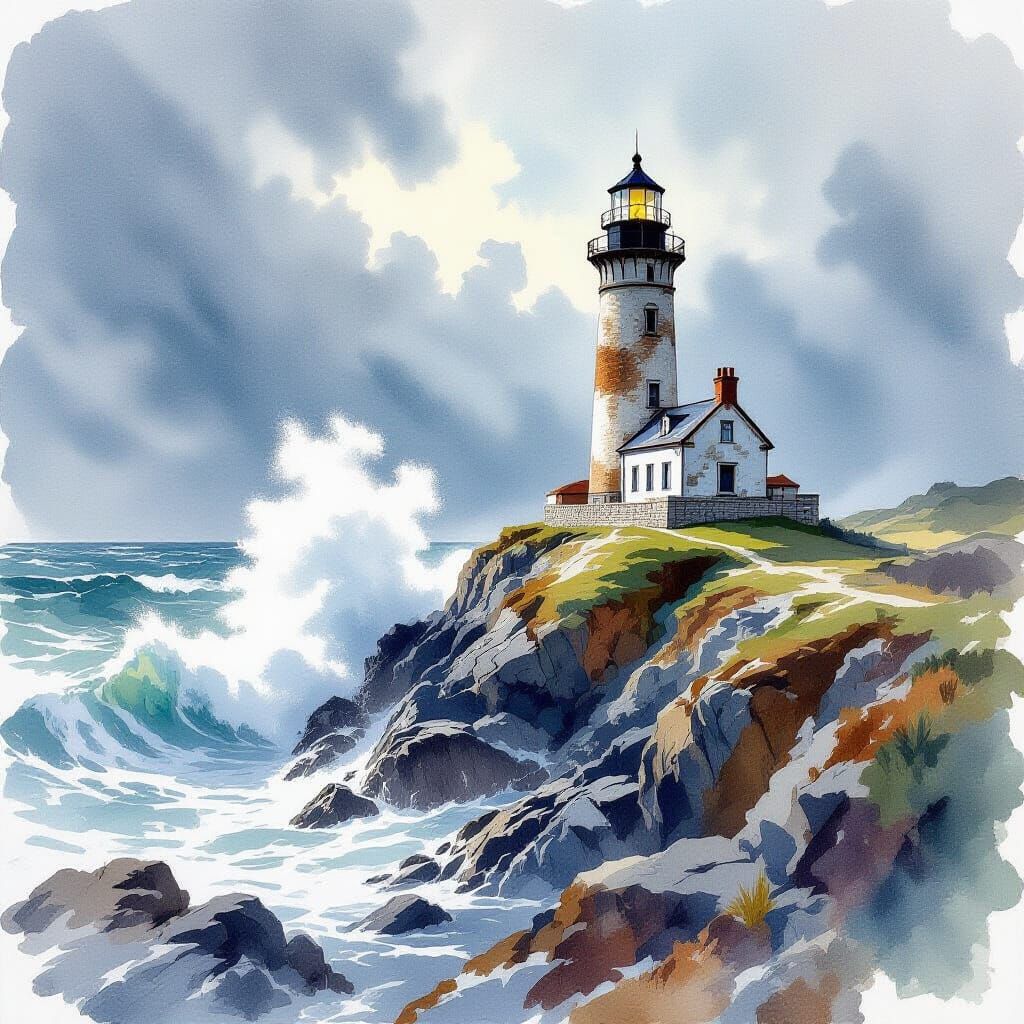Lighthouse in Stormy Seas, Watercolor Style
