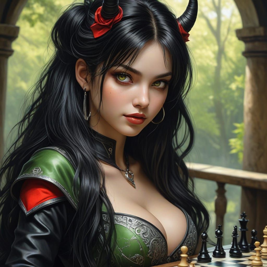 Sassy Demon Watching Chess Game, Dark Fantasy Art