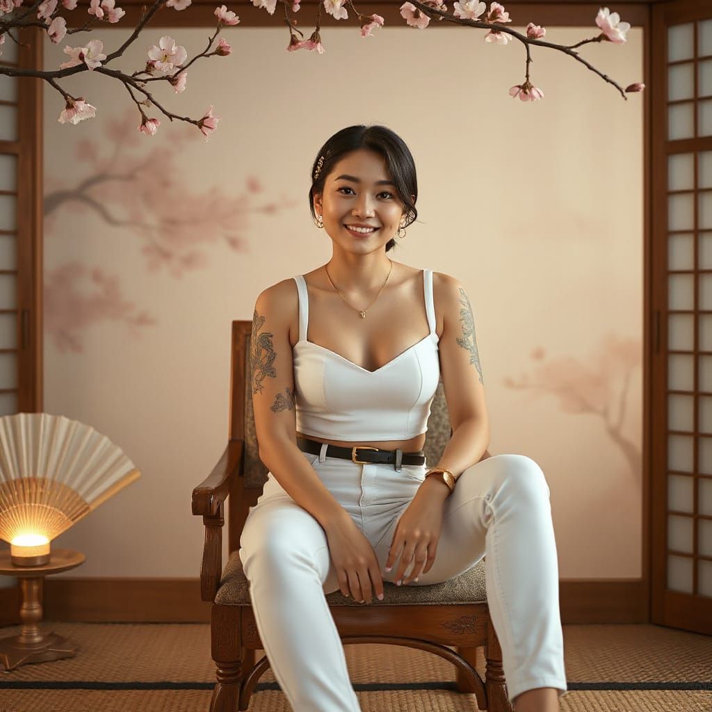 Japanese Woman in Pastel Spring Scene, Photorealistic