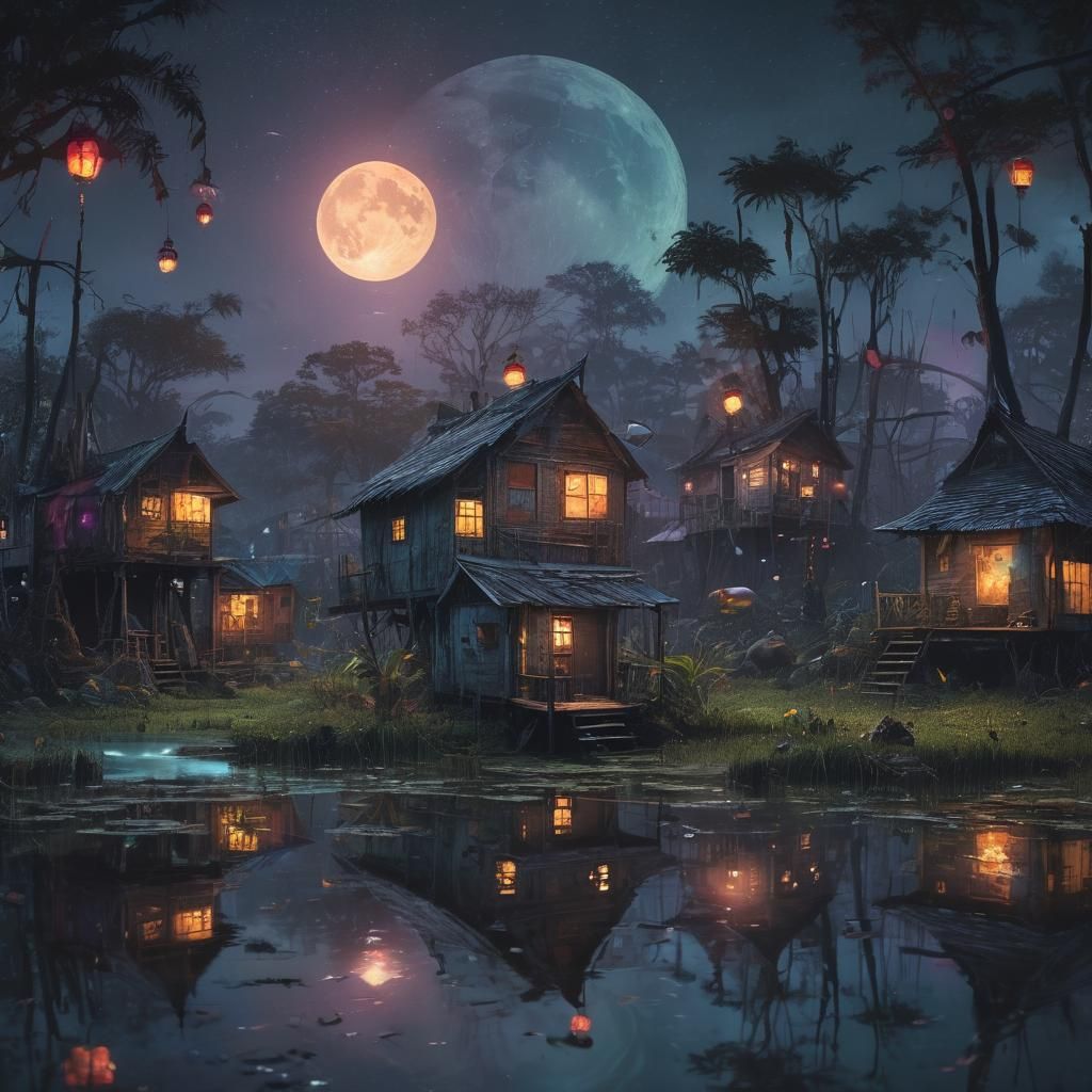 Astral Swamp Shanty Town in Mixed Media Style
