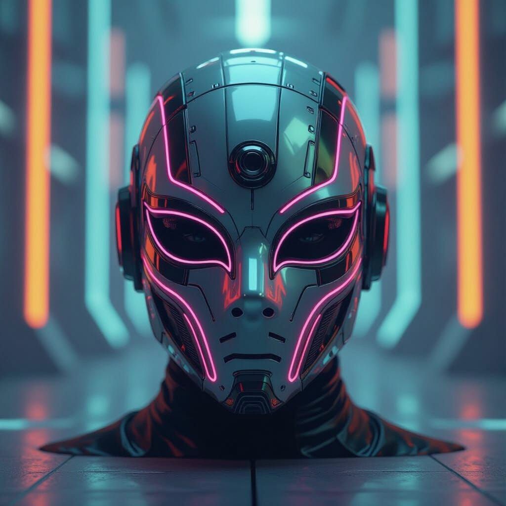 Futuristic Mask with Metallic Accents in Digital Art Style