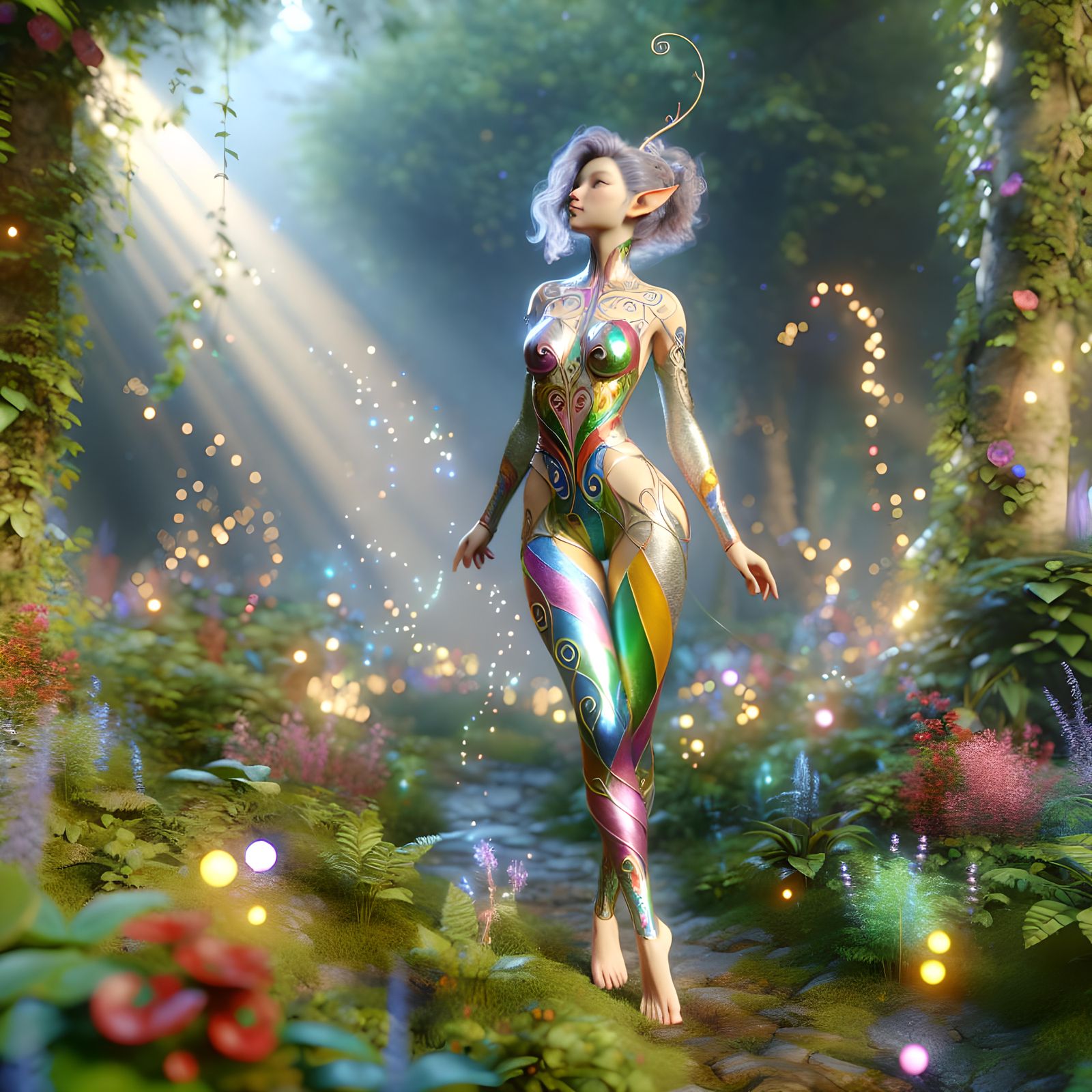 Enchanting Elf in Lush Forest: A 3D Render